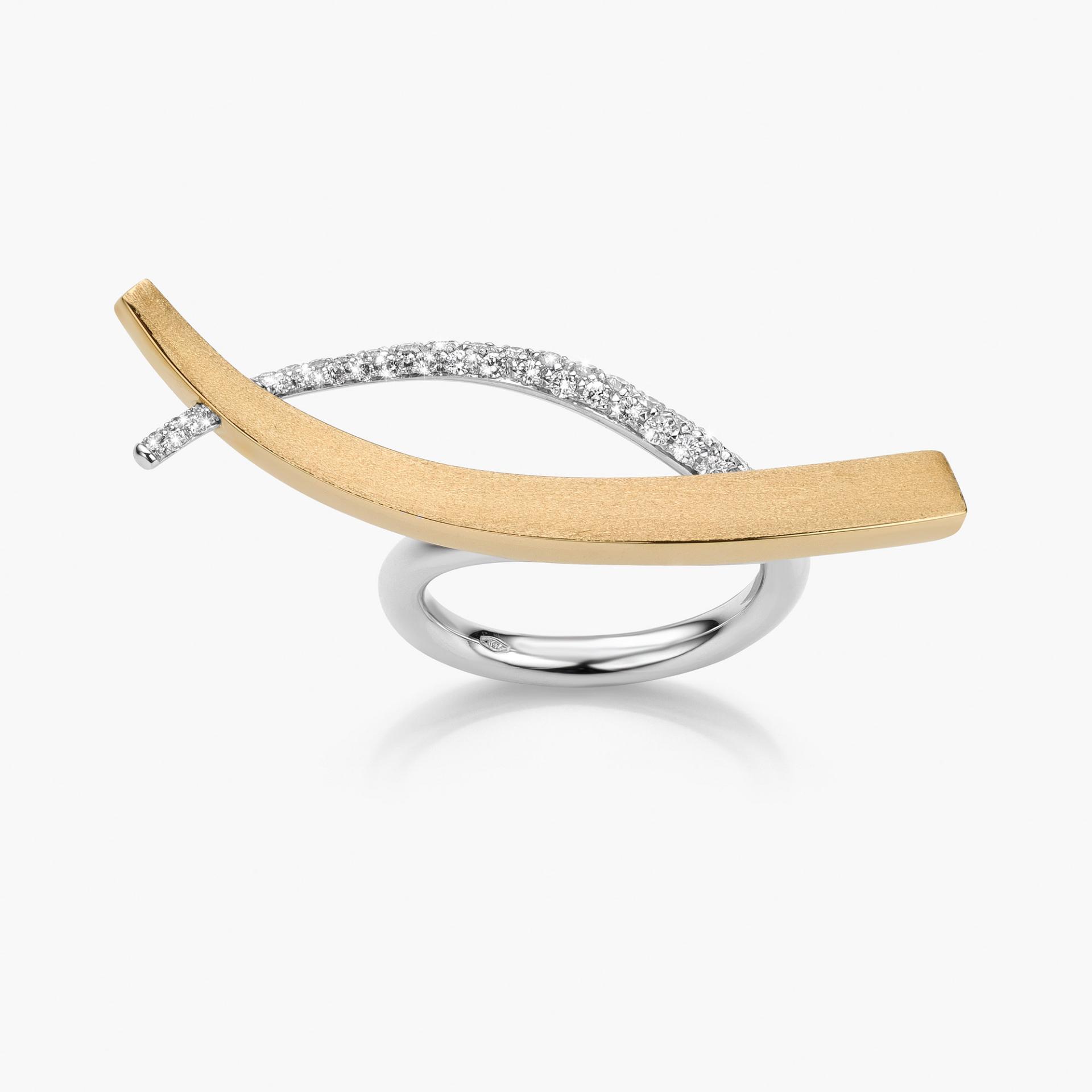 Brushed yellow and white gold ring set with brilliant cut diamonds made by Maison De Greef