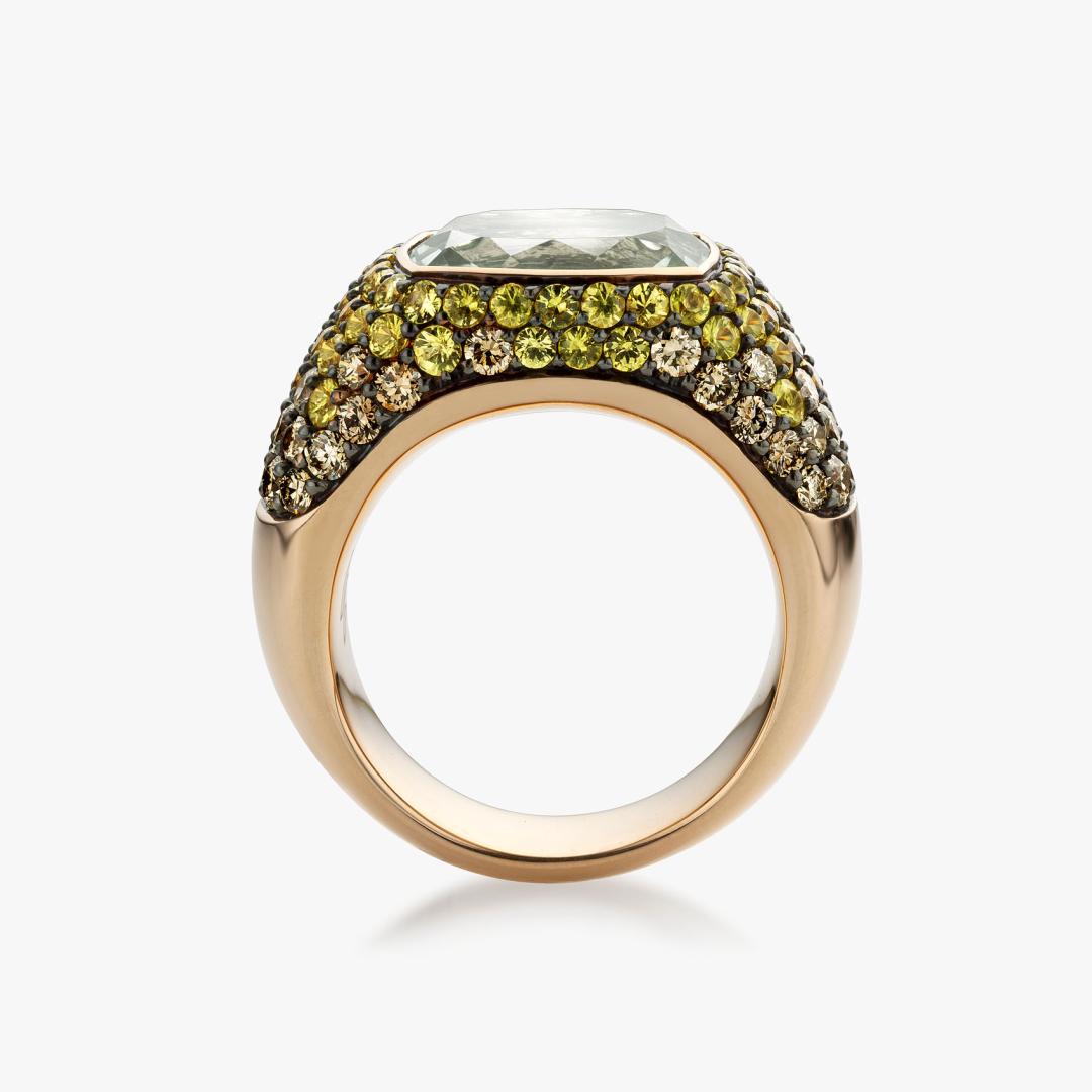 Solis ring in rose gold set with Prasiolite, yellow sapphires and brown diamonds made by Maison De Greef